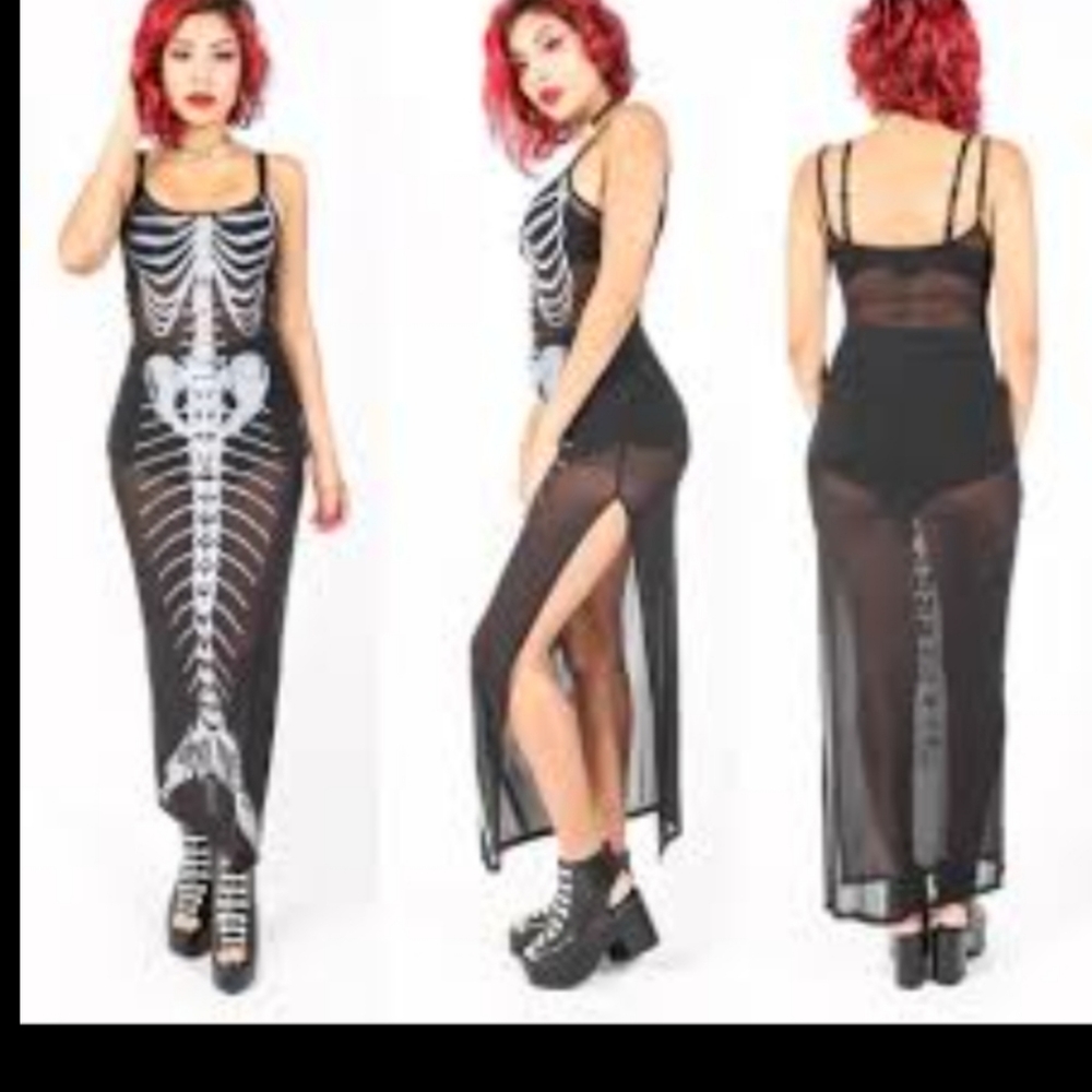 Iron Fist Black Mesh Maxi Dress with White Skeleton Print